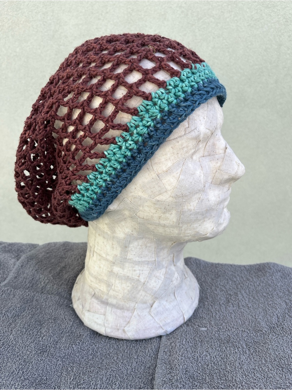 Handmade Hemp Brown Mesh Slouchy Beanie with Teal & Blue Trim